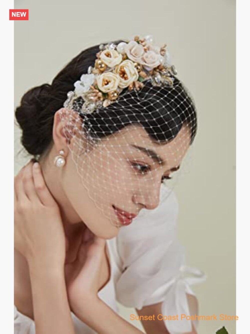 1920s Fascinator Mesh Flower Pearl Veil Headband Bridal Tea Party Cocktail - Picture 3 of 5